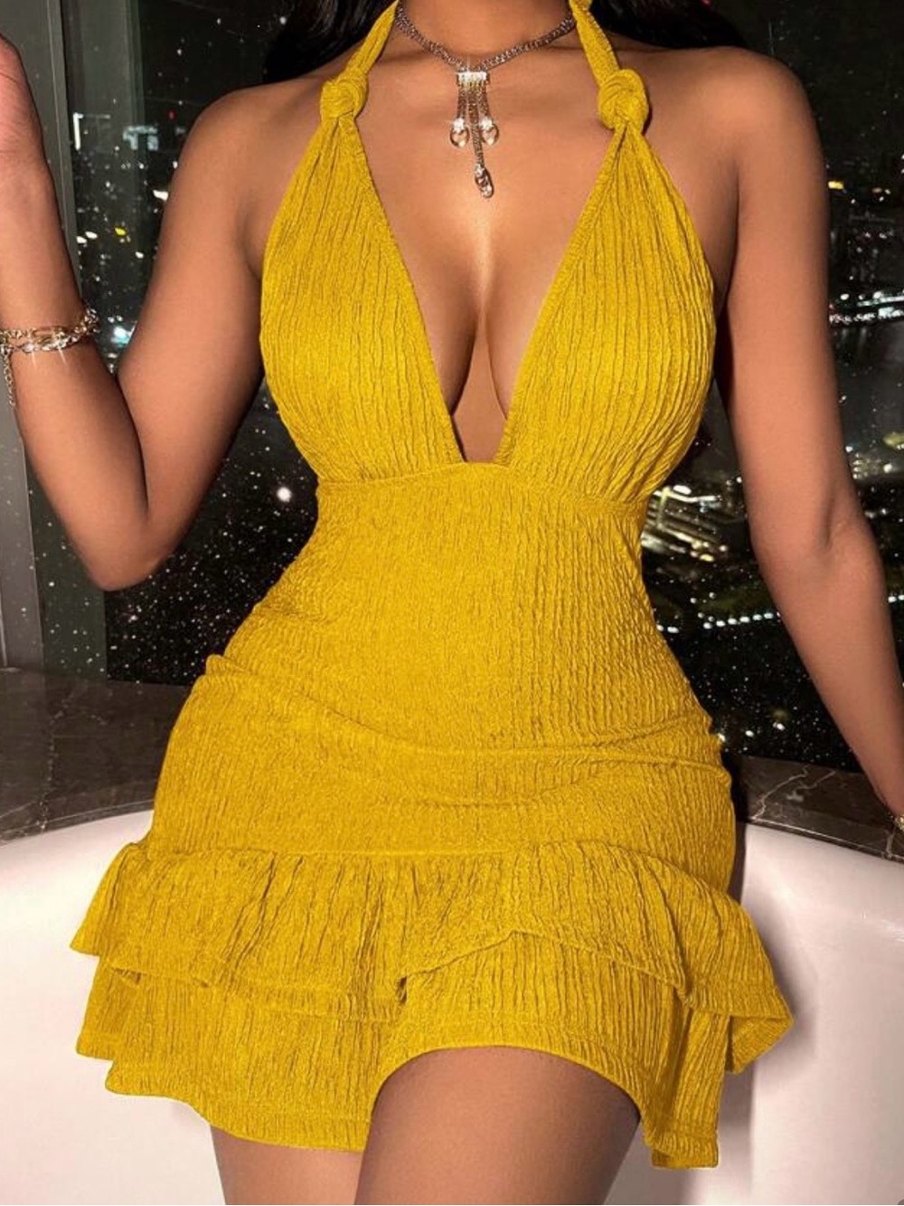 Women’s Halter Ruffle Mini Dress in Mustard Yellow